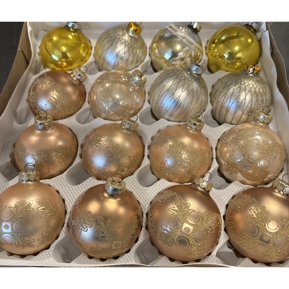 Vintage Gold Glittery Glass Ball Christmas Ornaments Variety Set Of 16 USA
